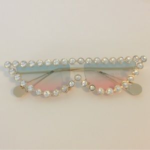 New Rhinestone Gold-Tone Rainbow Tinted Cat Eye Sun Glasses